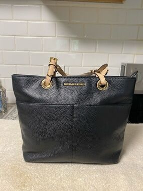 Michael Kors Black Leather Tote with Beige Straps and Gold Hardware